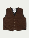 Chocolate-brown western vest with front buttons, pockets, and logo neck patch