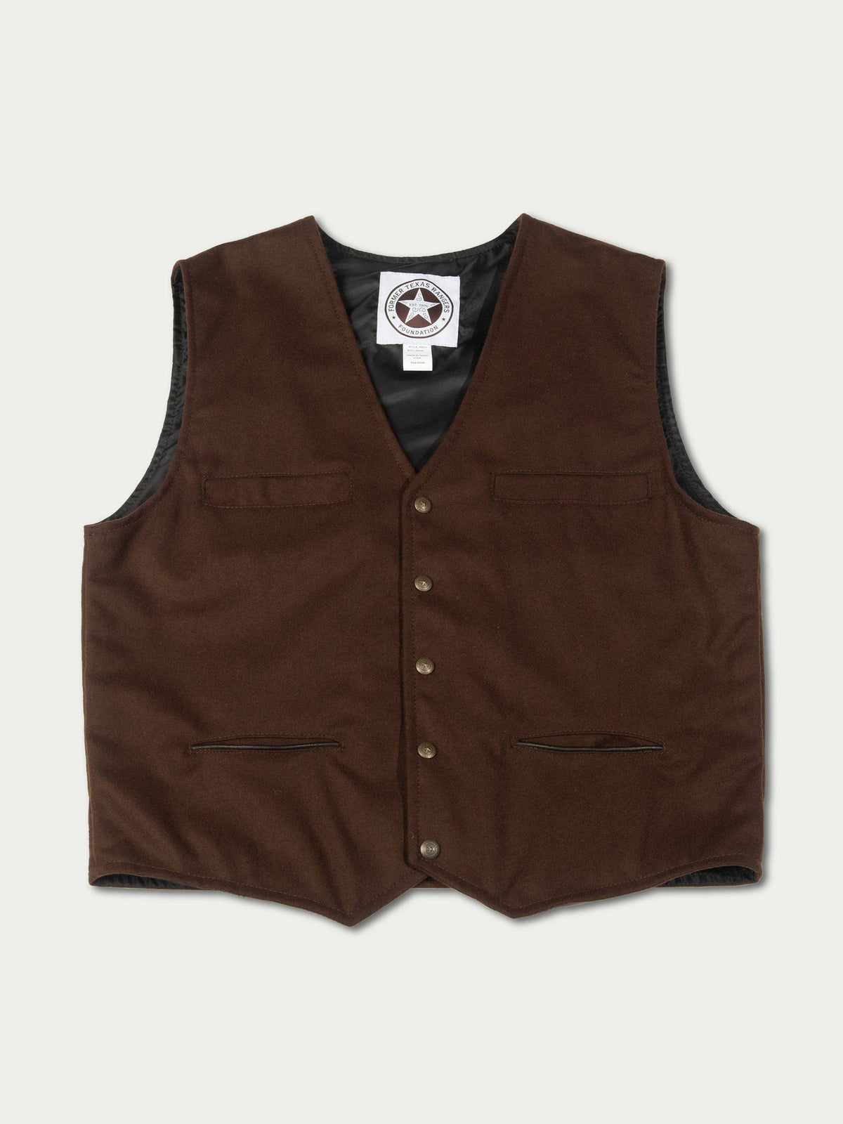 Chocolate-brown western vest with front buttons, pockets, and logo neck patch